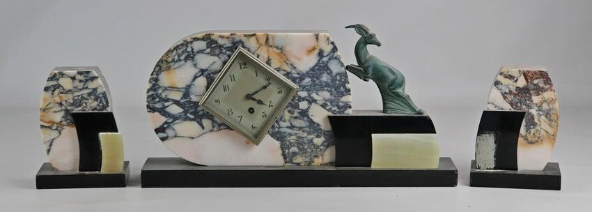 3 pc French Art Deco marble figural clock set, 9 1/2"