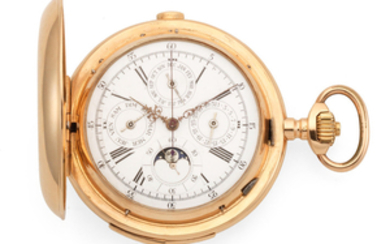An 18k gold keyless wind full hunter quarter repeating triple calendar chronograph pocket watch with moon phase