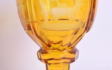 A 19TH CENTURY BOHEMIAN SMOKEY AMBER GLASS GOBLET. 19.5