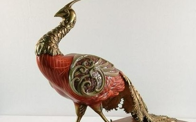 Amazing Art-nouveau porcelain peacock with bronze