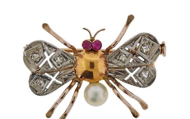 Antique 18k Gold Diamond Pearl Insect Brooch Pin