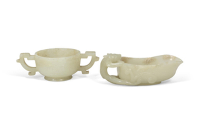 TWO PALE CELADON JADE ARCHAISTIC CUPS, 17TH-18TH CENTURY