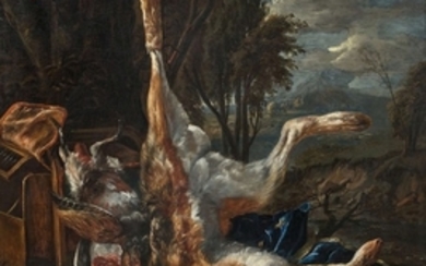 Attribué à David de Coninck Anvers, vers 1644 - Bruxelles, après 1701 Composition au lièvre, grive, colvert et perdreau et Composition au lièvre et souchet