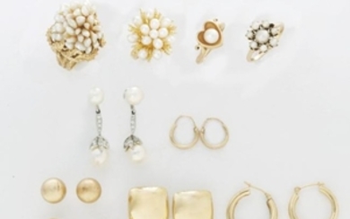 A collection of gold and cultured pearl jewelery