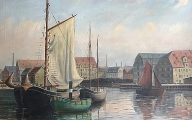 Danish painter, 20th century: Ships in Copenhagen Harbour. Signed F. Hansen. Oil on canvas. 75×96 cm.