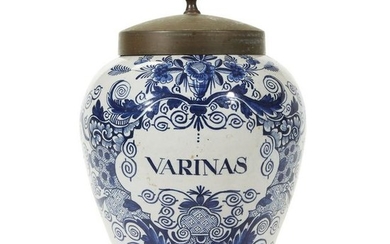 Dutch Delft "Varinas" tobacco jar and three Delft