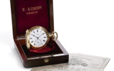 E. KOEHN | AN 18K YELLOW GOLD HUNTING MINUTE REPEATING WATCH WITH WHITE ENAMEL DIAL CASE 77834 CIRCA 1894