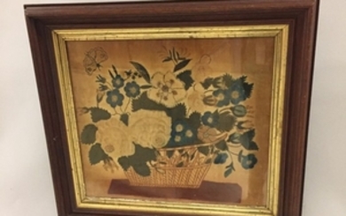 Framed Watercolor on Velvet Theorem of a Basket of Flowers
