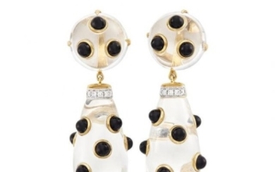 Pair of Gold, Rock Crystal, Black Onyx and Diamond Pendant-Earclips
