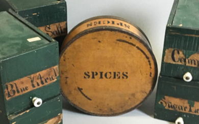 Maple Stenciled Round Spice Box and Six Green-painted Slid-lid Boxes