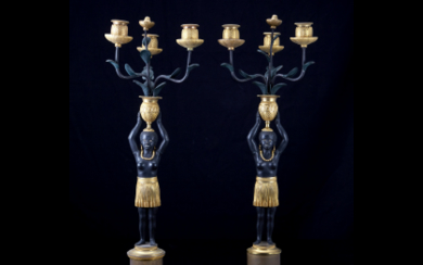 A pair of patinated and gilt-bronze female figures candelabra (h. cm 54) (defects)