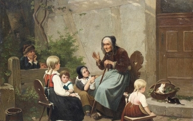Poole, 19th C Painting of Grandmother with Children