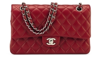 A RED LAMBSKIN LEATHER MEDIUM DOUBLE FLAP BAG WITH SILVER HARDWARE, CHANEL, 2012-2013