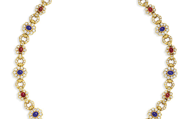 SAPPHIRE, RUBY AND DIAMOND NECKLACE, BRACELET AND EARRING SUITE, HARRY WINSTON