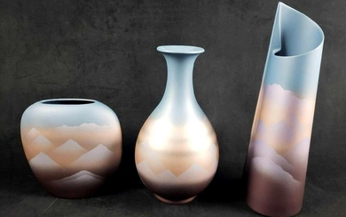 Set of 3 Southwest Style Ceramic Mountain Range Vases