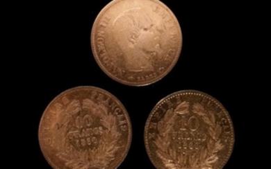 Trois pièces en or de 10 FF Napoléon III…