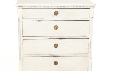 A white painted circa 1900 Louis XVI style chest of drawers, front with four drawers flanked by quater columns H. 100. W. 88. D. 48 cm.