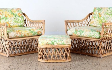 3PC BAMBOO WICKER PORCH SET CHAIRS AND OTTOMAN