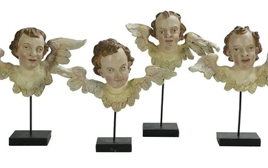 4 Carved & Polychrome Wooden Winged Angel Heads
