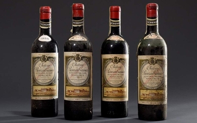 4 bottles of red wine: 1955 "Chateau Rauzan Gassies", second grand cru classè, Margaux, Bordeaux, chateau bottling, 0,75 l., labels damaged, fill level Mid Shoulder, contains sulphites, in orig. wooden box without lid, dan. import label