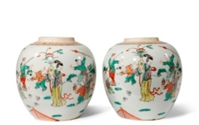 A PAIR OF CHINESE FAMILLE VERTE OVOID JARS 19TH CE…