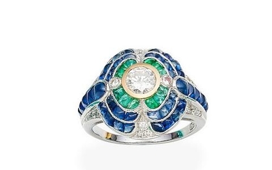 A diamond, emerald and sapphire ring