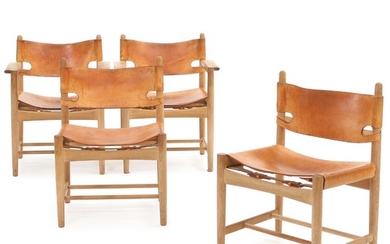 Børge Mogensen: Set of four chairs of which two armchairs. Frame of oak. Seat and back of patinated natural grain leather. (4)
