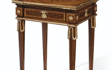 A LOUIS XV ORMOLU-MOUNTED AMARANTH, SATINE, TULIPWOOD AND PARQUETRY TABLE A ECRIRE, BY PHILLIPPE CLAUDE MONTIGNY, CIRCA 1765-70
