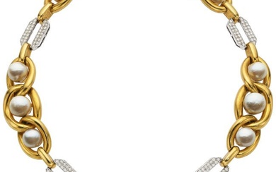 55138: Cultured Pearl, Diamond, Gold Necklace Stones