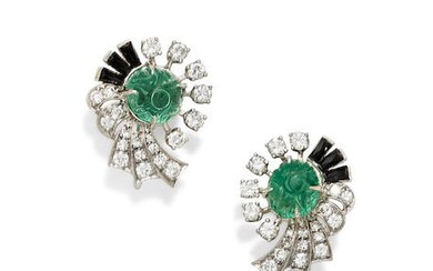 A pair of emerald, black onyx, diamond and white gold earrings
