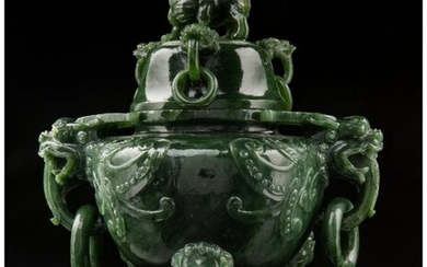 78038: A Chinese Spinach Jade Covered Censer with Fitte