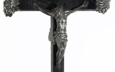 Silver crucified Jesus Christ on wood cross, 1765.