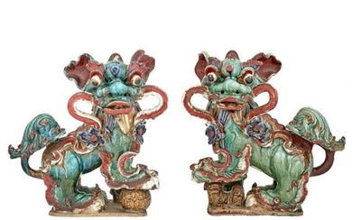 Pair of Chinese Glazed Stoneware Fu Dog Roof Tile Finials