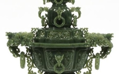 CHINESE GREEN CARVED COVERED INCENSE BURNER