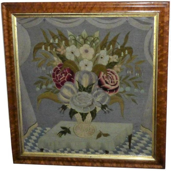 Rare Early Victorian Woolwork Still Life of Flowers in