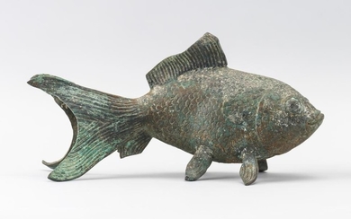 CHINESE BRONZE FIGURE OF A KOI Resting on its fins. Green patina. Length 12".
