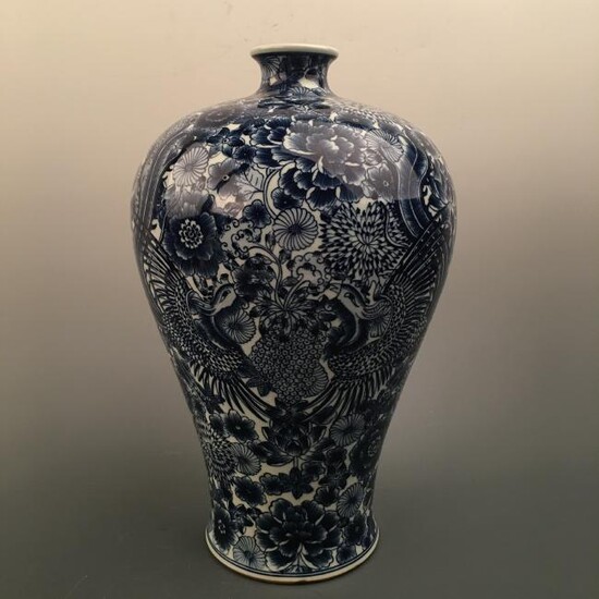 Chinese Blue-White 'Floral & Bird' Meiping Vase
