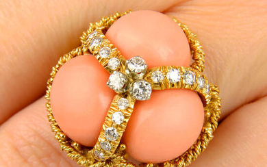 A 1970s coral and diamond ring, by Staurino Fratelli.