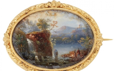 A 19th century gilt mounted painted miniature brooch, depicting a lake scene, c.1840