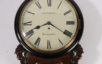 A 20TH CENTURY ROSEWOOD AND OAK CASED DROP DIAL WALL CLOCK BY G. W. TYDEMAN OF STOWMARKET.