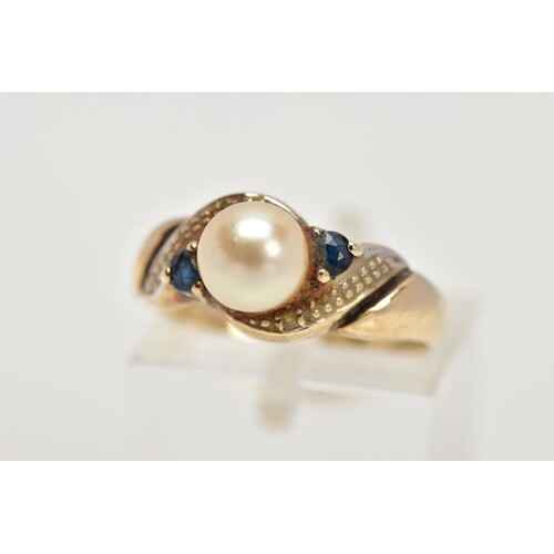 A 9CT GOLD CULTURED PEARL AND SAPPHIRE DRESS RING, set with ...