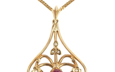 A 9ct gold, ruby and seed pearl pendant, of shaped...