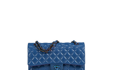 A BLUE LAMBSKIN LEATHER MEDIUM CLASSIC DOUBLE FLAP BAG WITH RAINBOW HARDWARE CHANEL, 2021