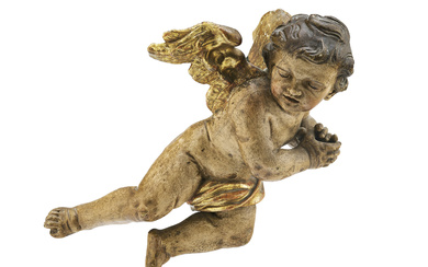 A CARVED PARCEL-GILT POLYCHROMED FIGURE OF A WINGED PUTTO AUSTRIA...
