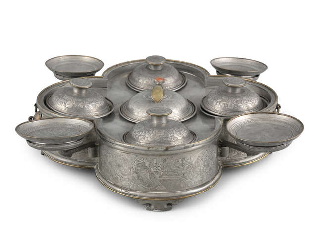 A CHAOYANG PEWTER SWEET MEAT WARMER, CONTAINER AND...