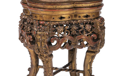 A CHINESE HONGMU STAND, LATER GILT, LATE 19TH CENTURY
