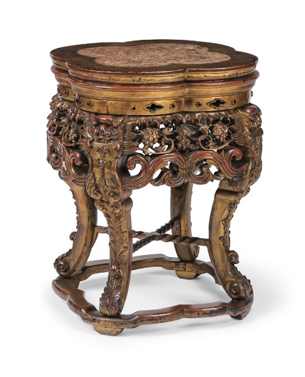A CHINESE HONGMU STAND, LATER GILT, LATE 19TH CENTURY