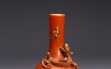 A CHINESE RED GLAZE GILT 'DRAGON' RELIEF VASE