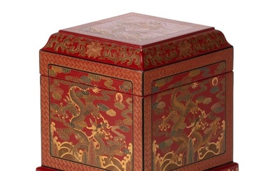 A CINNABAR WITH GOLD PAINTED BOX WITH COVER