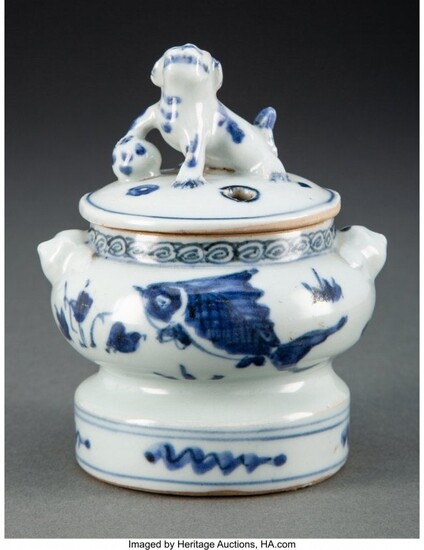 A Chinese Blue and White Covered Censer, Ming Dy